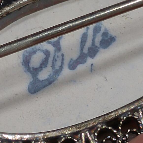 Dutch Delft 835 Silver Filigree Brooch, Windmill Porcelain Pin, 1940s Vintage - Picture 5 of 10